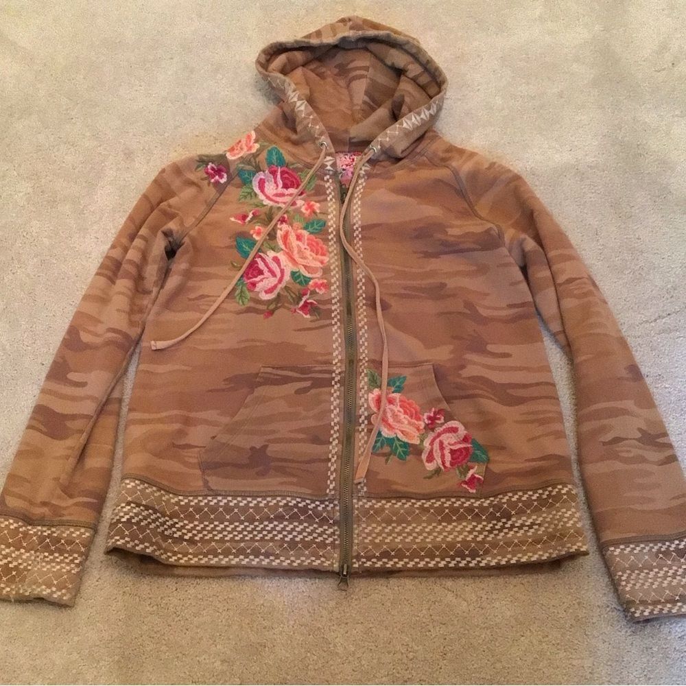 Johnny Was JWLA Dorana Embroidered Camo Zip Up Hoodie in Brown
